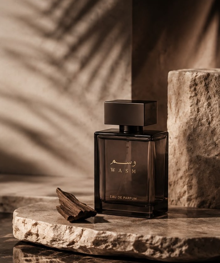 WASM Eau de Parfum bottle in warm cinematic light